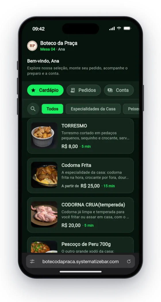 Aba Cardápio no iPhone: pratos com foto, descrição, preço e tempo de preparo