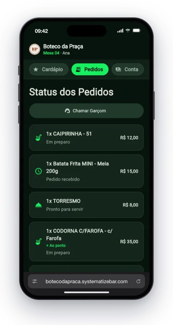 Aba Pedidos no iPhone: cada item com o seu estado, de pedido recebido a entregue, e o botão Chamar Garçom