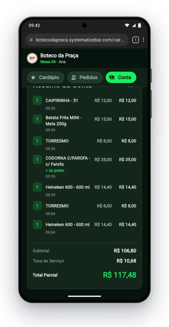 Aba Conta no Android: resumo dos itens, taxa de serviço e total parcial