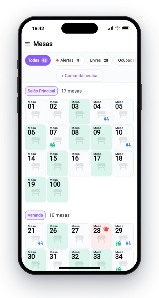 Mapa de mesas no iPhone do garçom, com mesa chamando e mesas com pedido pronto para levar