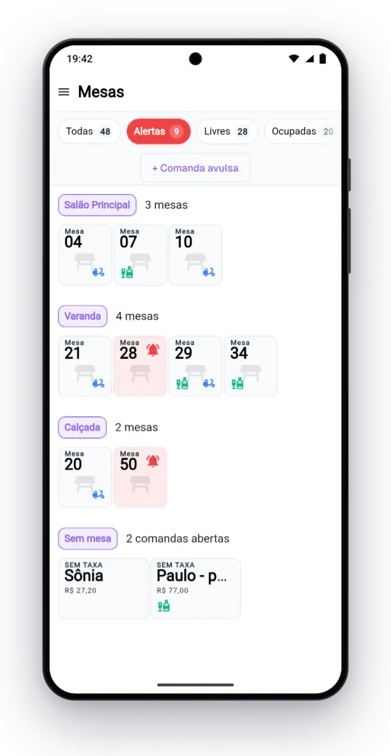 Mapa de mesas no celular do garçom, filtrado pelas mesas com alerta