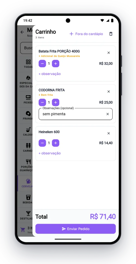 Carrinho do garçom no Android: itens com adicional e observação, o total e o botão Enviar Pedido