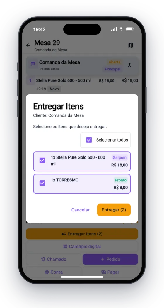Tela Entregar Itens no iPhone: o garçom marca a cerveja e o torresmo como entregues