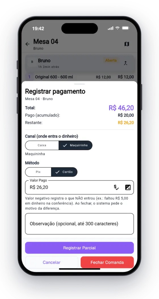 Tela de registrar pagamento com total, valor pago e forma de pagamento